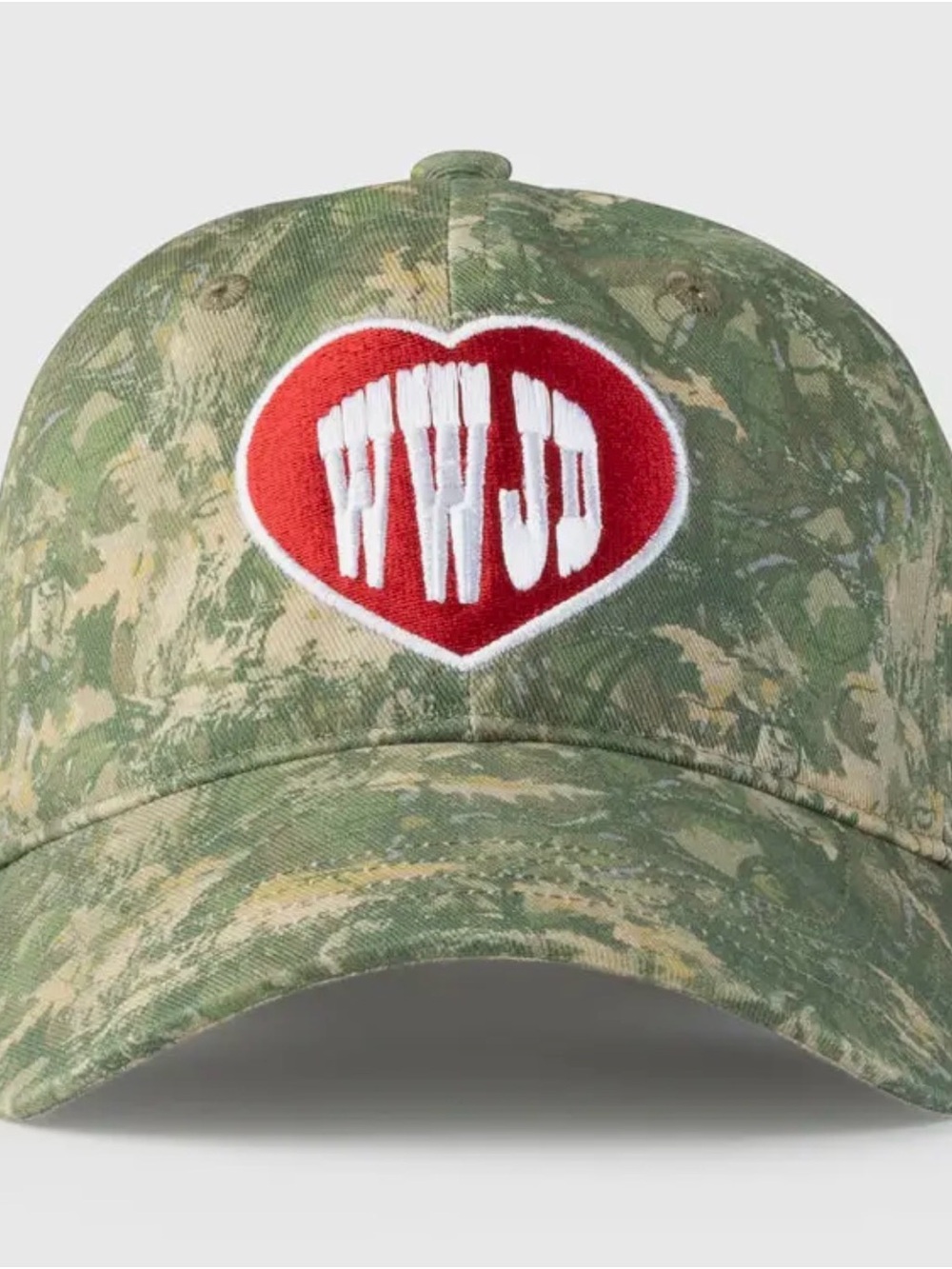 Elevated Faith. Camouflage Baseball Cap with Red Heart Patch - WWJD Accent - Picture 2 of 2